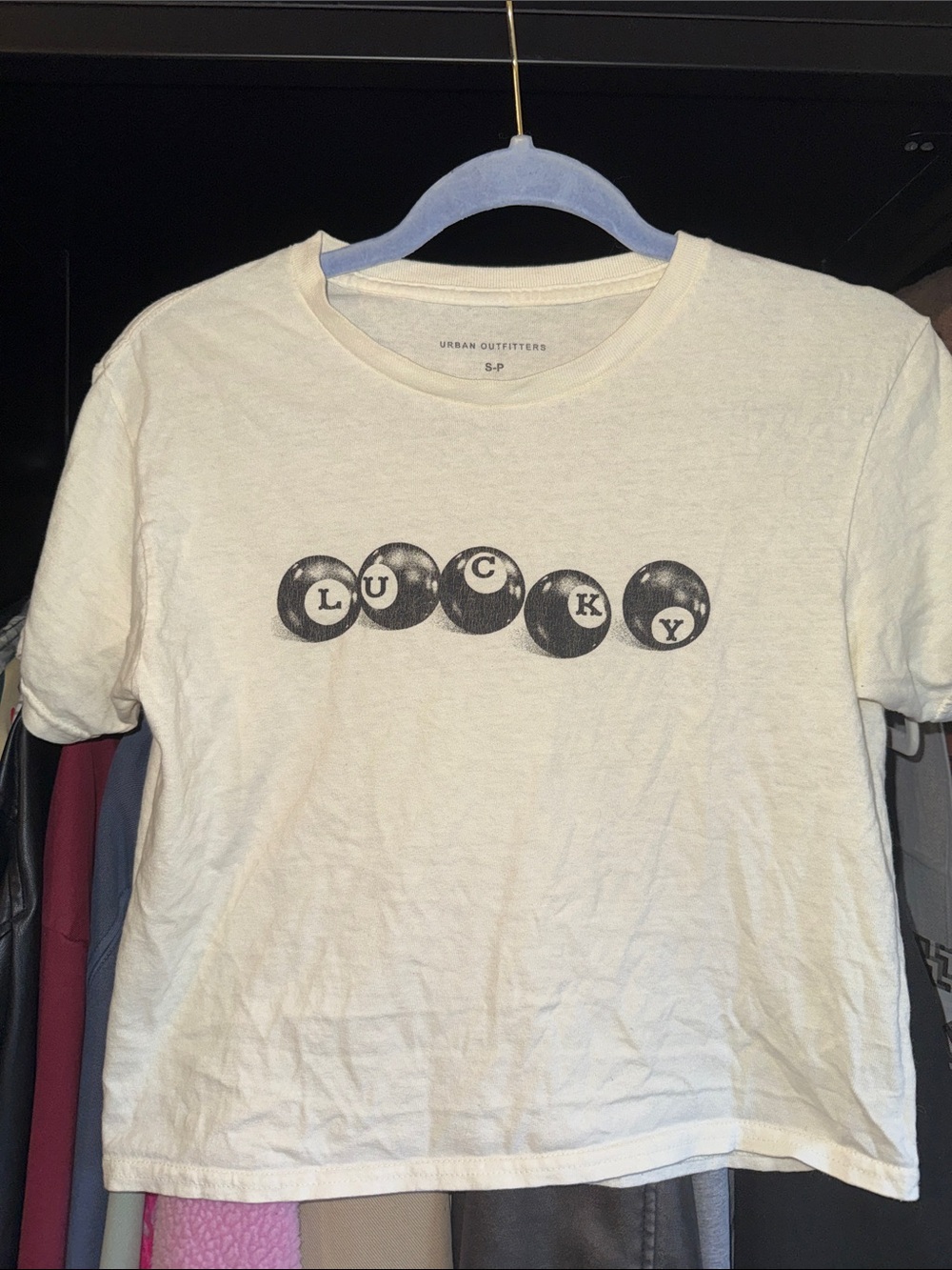 Urban Outfitters white tee with Black 'LUCKY' Billiard Graphic
